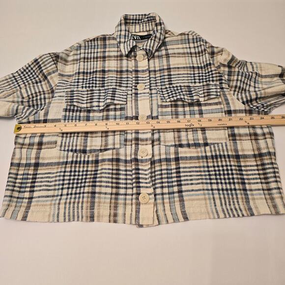ZARA Plaid Flannel Overshirt Jacket Sz M Cotton Blend Soft Neutral Earth Tones - Picture 4 of 9